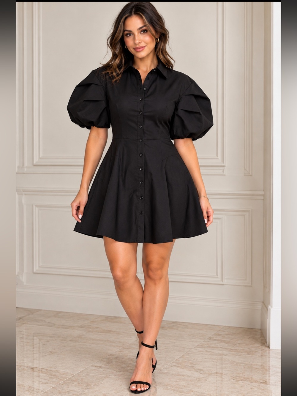 Alexis Black Puff-Sleeve Button-Front Mini Dress